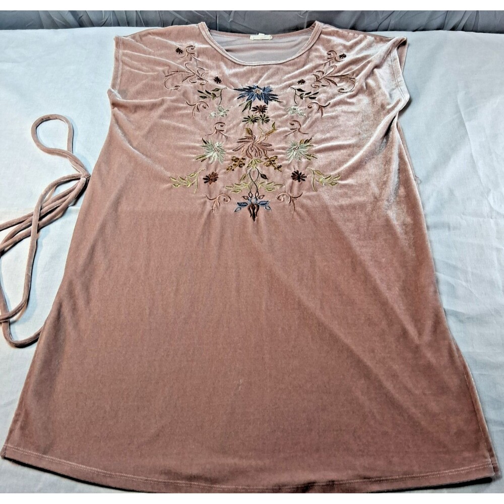 Mystree Velvet Dress Medium Rose Gold Pink Floral Embroidered Tunic Boho Mini M